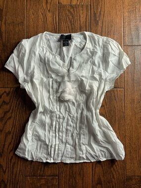 Cynthia Rowley White Ruffle Front Pintuck Short-Sleeve Blouse